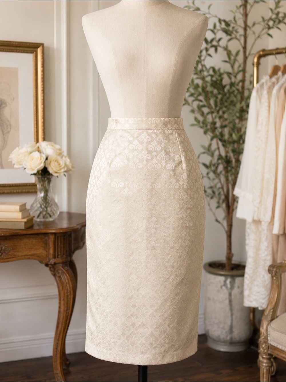 Albert Nipon 100% Silk Damask Pencil Skirt Ivory Size 2 Vintage